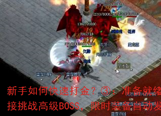 新手如何快速打金?③:准备就绪后,直接挑战高级BOSS,限时装备自动发放 新手如何快速打金?③:准备就绪后,直接挑战高级BOSS,限时装备自动发放